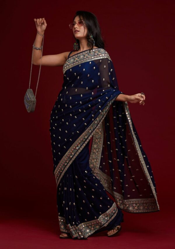 Shop Royal Blue Wedding Embroidery Saree