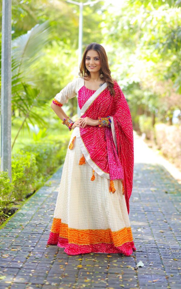 Traditional Bandhej Design White Lehenga Choli