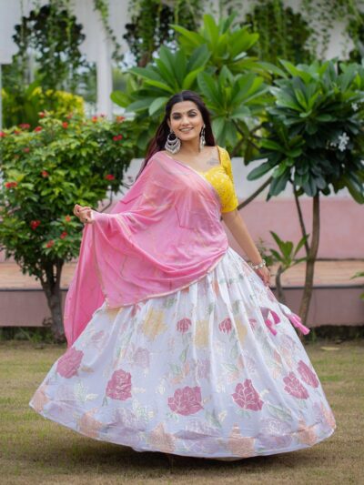 White Floral Design Long Choli Lehenga