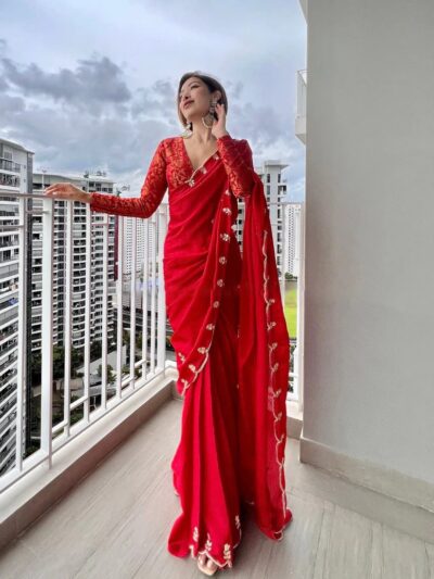 Heavy Work Royal Look Silk Red Saree