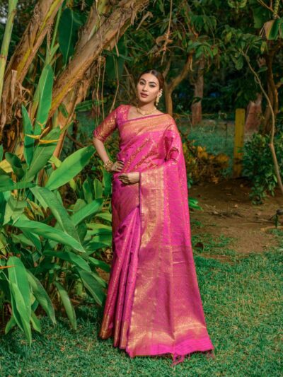 Buy Online Pink Banarasi Silk Luxury Saree