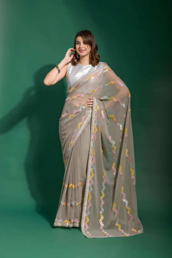 Georgette Fancy Work Grey Saree