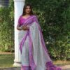 Traditional Design White Saree Purple Border