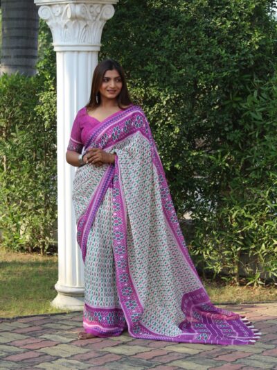 Traditional Design White Saree Purple Border