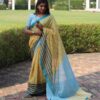 Linen printed saree aqua blue yellow color