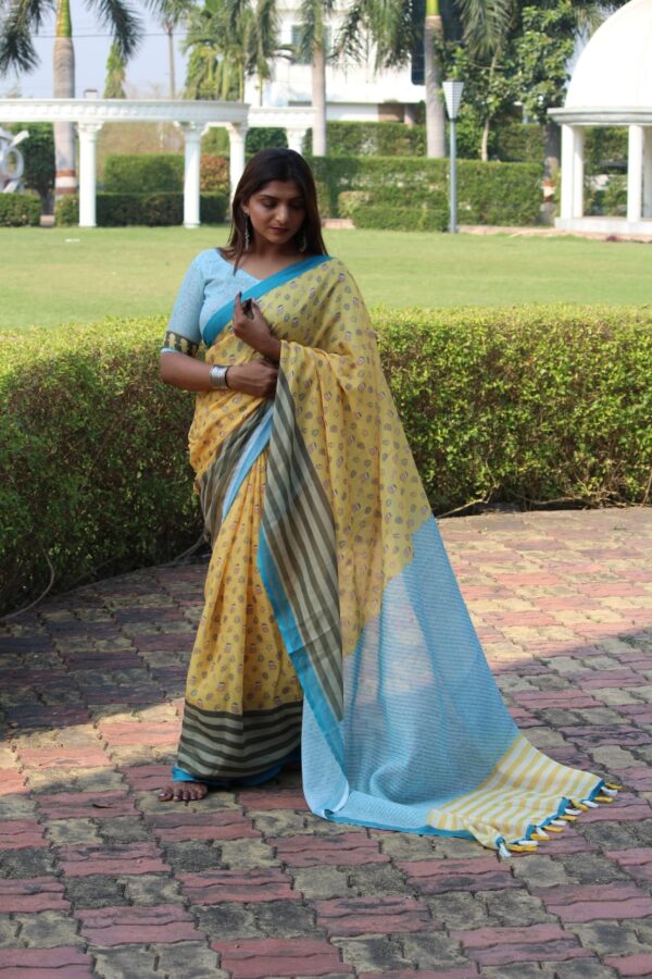 Linen printed saree aqua blue yellow color