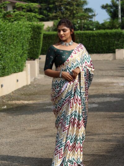 Multi Color Weaving Print White Saree