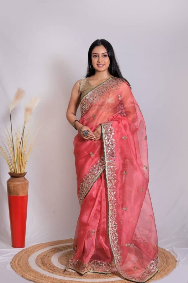 Organza Pink Saree With Work Border