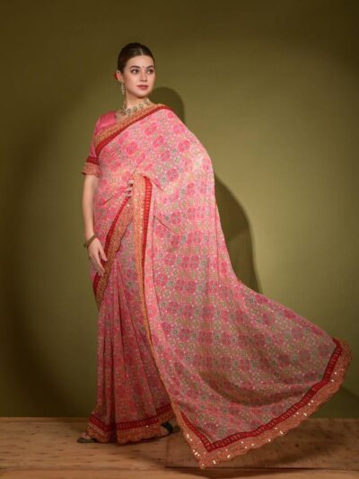 Patola Design Pink Saree with Lace Border