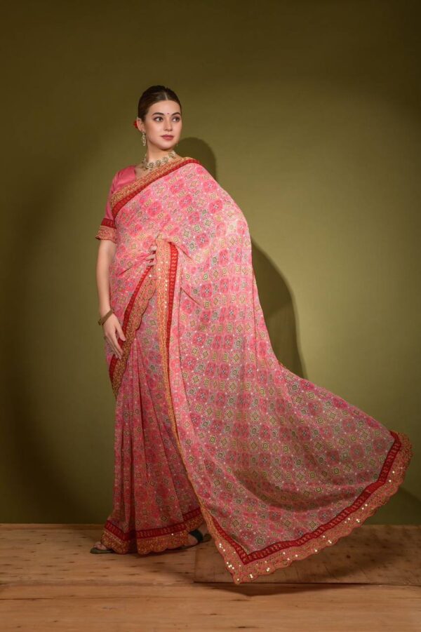 Patola Design Pink Saree with Lace Border