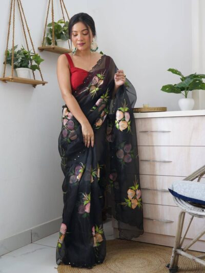 Stylish Organza Floral Black Saree