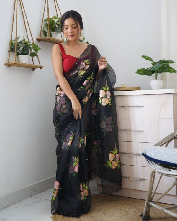 Stylish Organza Floral Black Saree