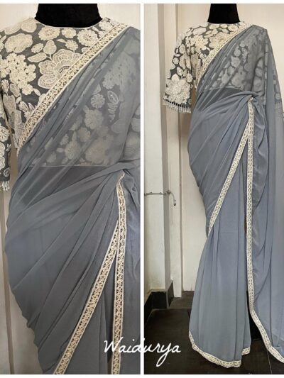 Plain Grey Saree Work Border and Blouse