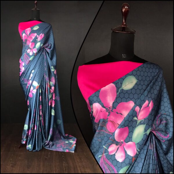 Women Japan Crape Digital Print Black Saree