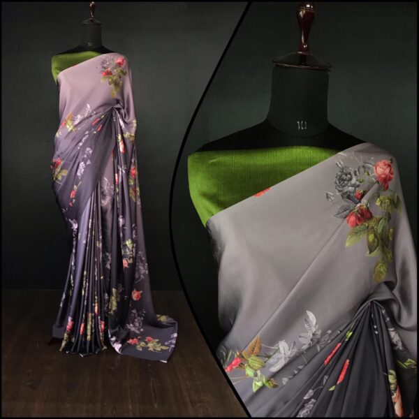 Digital Printed Satin Fabric Black Saree