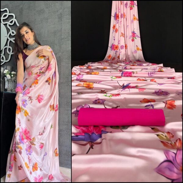 Floral Print Saree On Pink Satin Fabric