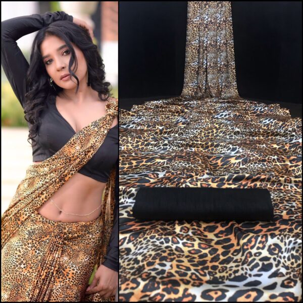 Tiger Print Brown Color Soft Satin Saree