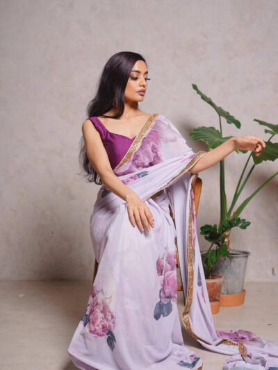 Floral Print Design White Saree