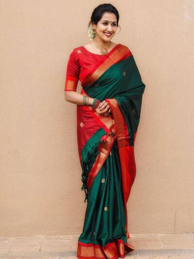 Traditional Silk Green Saree Red Border