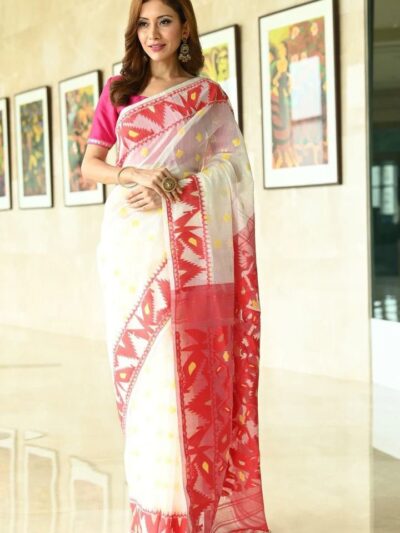 Formal Cotton Red and White Saree