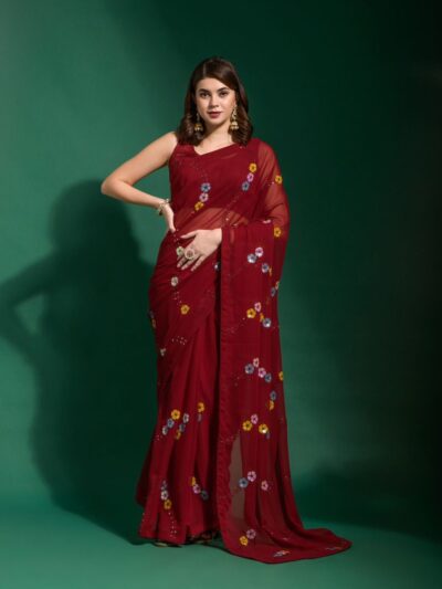 Floral Design Sequence Work Red Saree