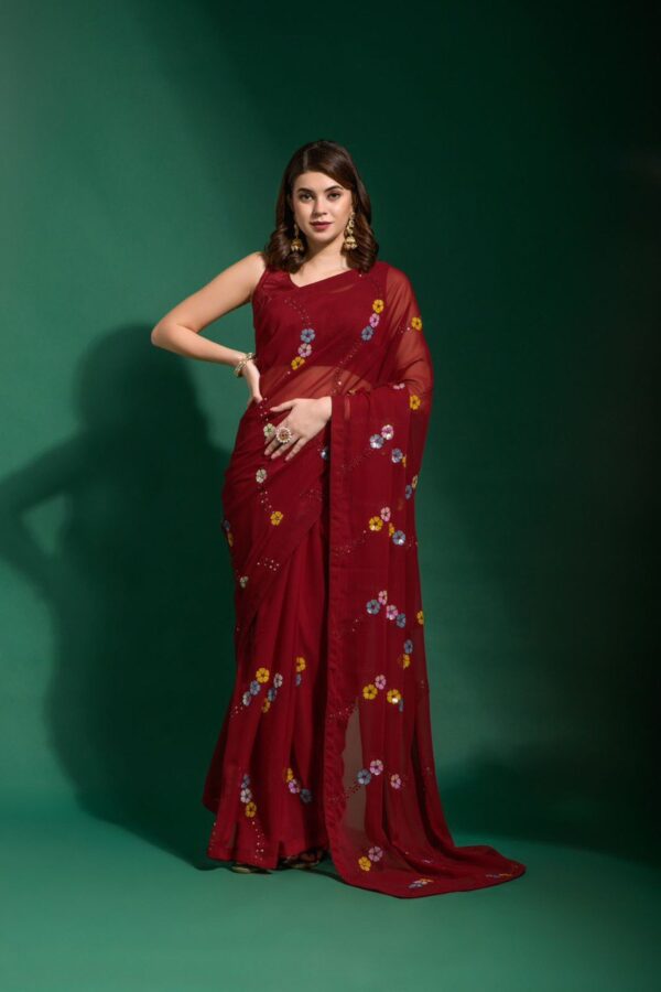 Floral Design Sequence Work Red Saree