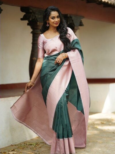 Designer Silk Pink Border Green Saree