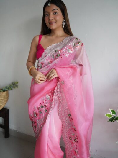 Organza Pink Saree For Wedding Party