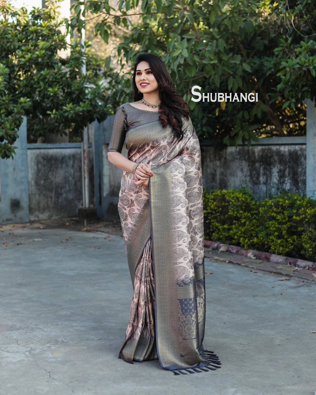 Slate grey saree with punch pink brocade border KALKI Fashion India