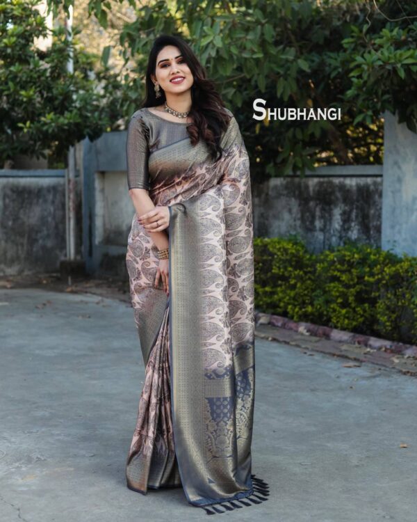 Silk Pink Saree With Designer Grey Border
