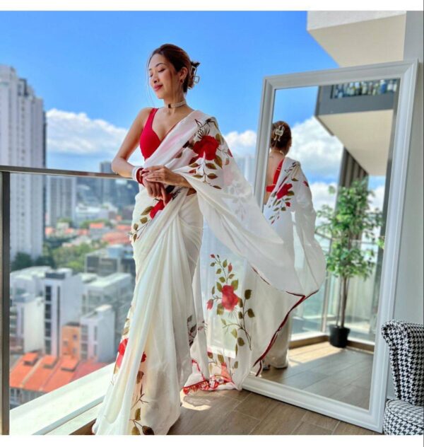 Stylish Floral Printed White Saree