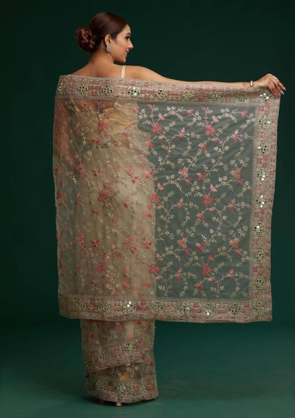 Wedding Embroidery Work Cream Saree