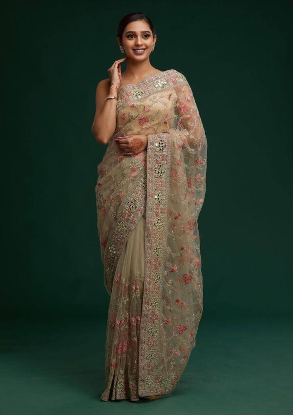 Wedding Embroidery Work Cream Saree