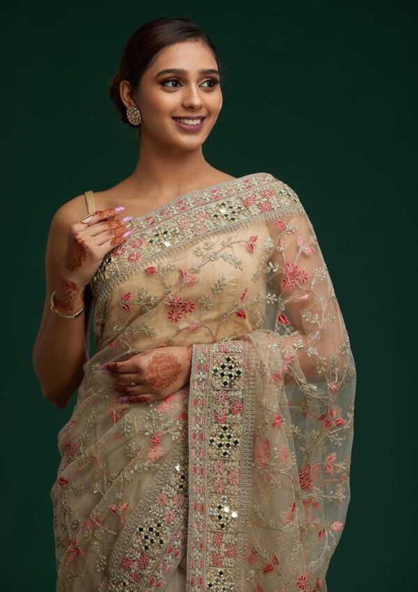 Wedding Embroidery Work Cream Saree