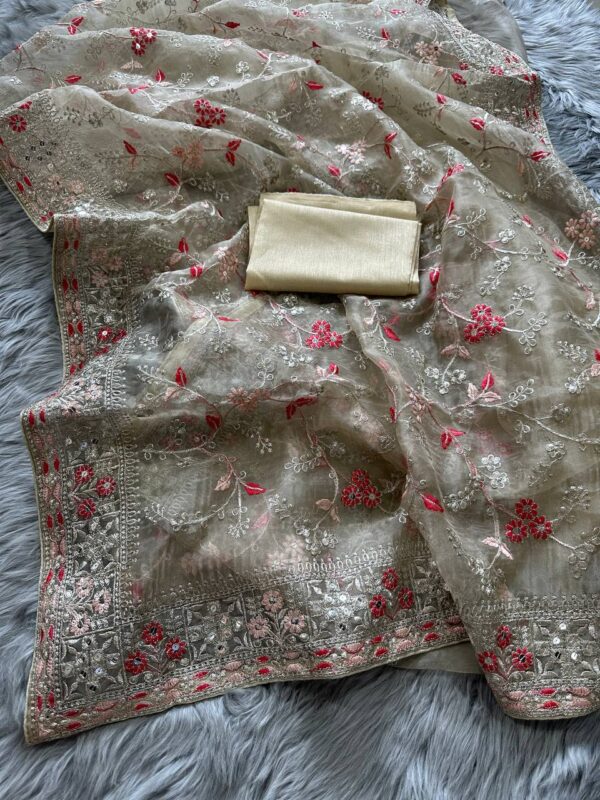 Wedding Embroidery Work Cream Saree