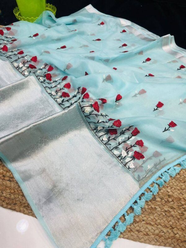 Stylish Party Organza Sky Blue Saree