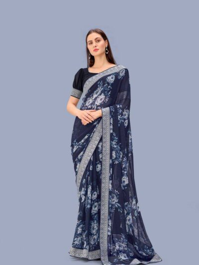 Floral Georgette Blue Saree with Lace Border