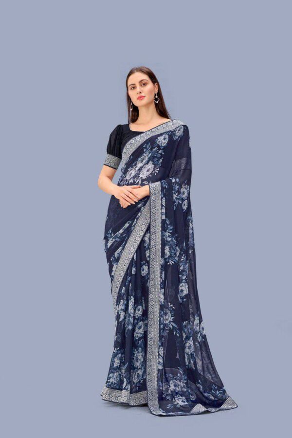 Floral Georgette Blue Saree with Lace Border