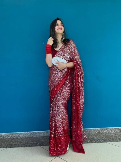 Fancy Party wear Sequence Red Saree