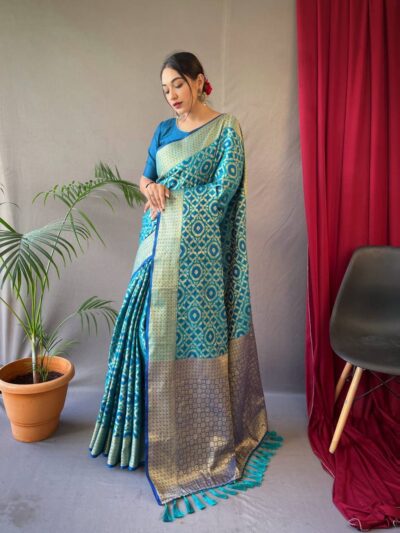 Silk Sky Blue Saree in Patola Design