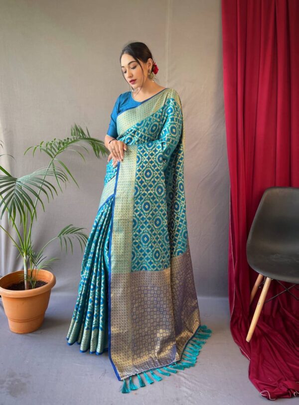 Silk Sky Blue Saree in Patola Design