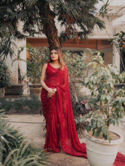 Sequence Work Party wear Red Saree