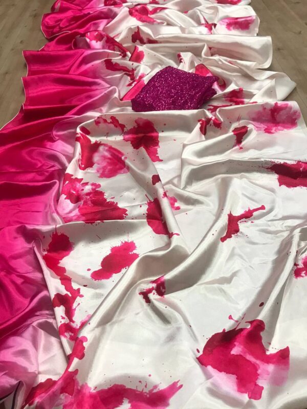 Silk Printed Design White Pink Saree