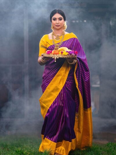 Traditional Purple Saree Yellow Border