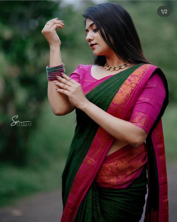 Banarasi Green Saree with Pink Border