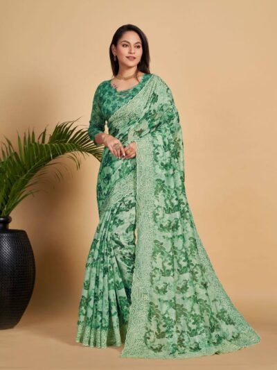 Fancy Cotton Green Saree with Work Border