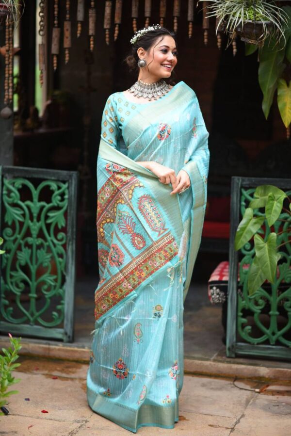 Designer Printed Sky Blue Saree
