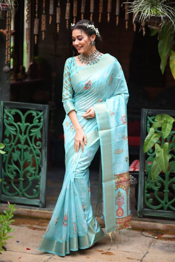 Designer Printed Sky Blue Saree