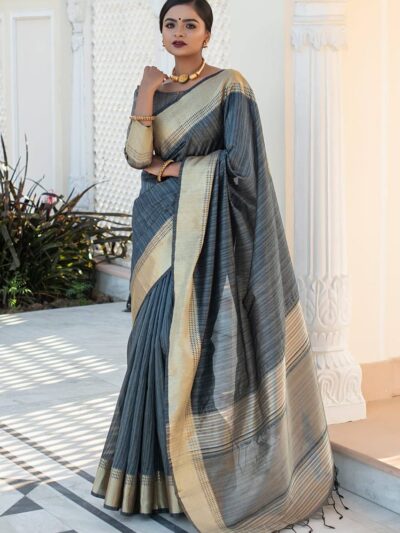 Latest Fashion Grey Saree in Cotton Silk