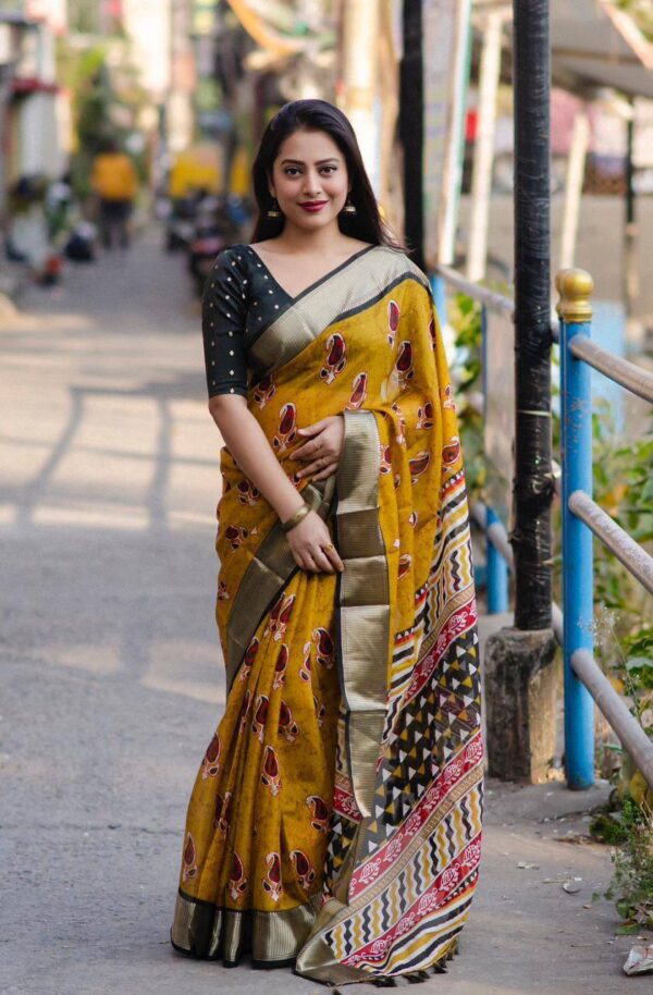 Designer Printed Silk Yellow Saree